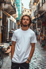 Man Wearing White T-Shirt Mockup in European City. Generative AI