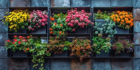 Planters filled with various flowers lined up on a wall