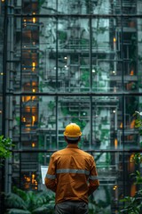 Obraz premium A man wearing a hard hat is positioned in front of a tall building