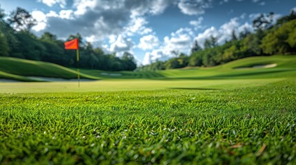 low angle photograph of a golf course green with flag 
