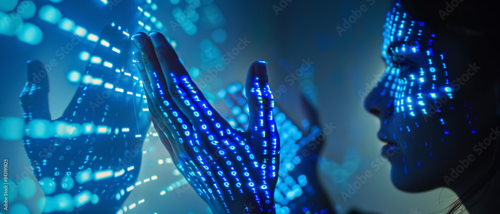Wall mural hand of a woman in a cyberspace environment surrounded by binary code in her hand - concept of the f