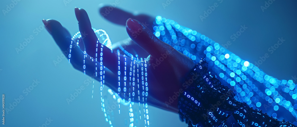 Wall mural hand of a woman in a cyberspace environment surrounded by binary code in her hand - concept of the f