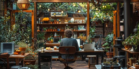Obraz premium A woman is working on a laptop at a desk in a greenhouse