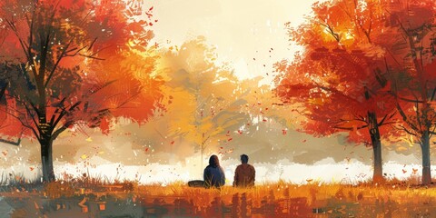 A pixel art painting of a couple under trees in a serene park