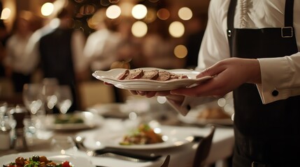 A waiter in a white shirt and black vest holds a plate of delicious-looking food in a fancy restaurant.