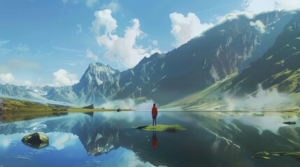 The image is of a beautiful mountain landscape with a lake in the foreground. The water is crystal clear and reflects the sky and mountains perfectly.
