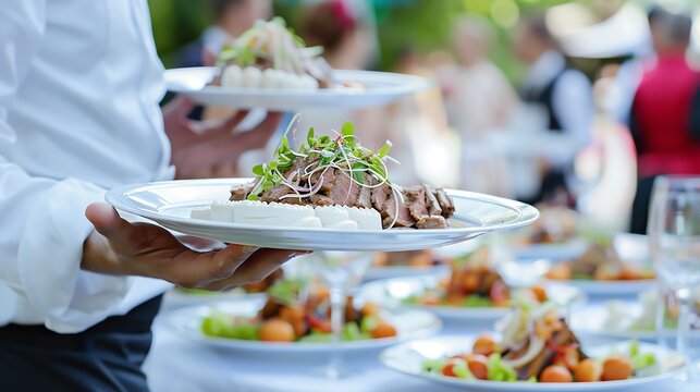 A waiter is holding a plate of food. The plate has a steak, vegetables, and microgreens on it. The waiter is wearing a white shirt and black pants.
