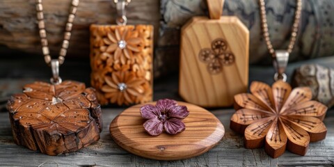 There are wooden necklaces displayed on the table