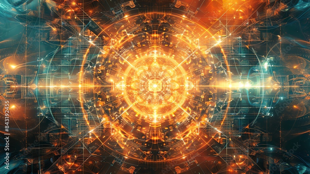 Poster glowing orange and yellow abstract background. the image features a glowing orange and yellow orb wi