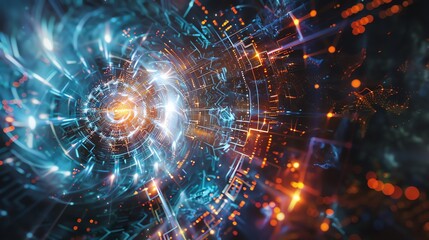 Obraz premium 3D rendering of a futuristic technological background with glowing blue and orange lights. Perfect for a technology or science fiction themed project.