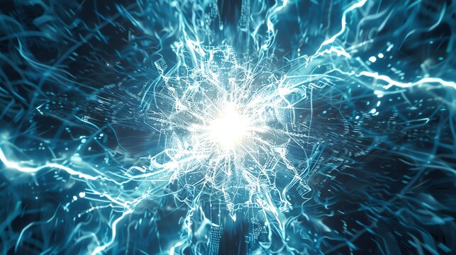 3D rendering of a particle field with glowing blue light. Abstract background with vibrant colors and a sense of movement.