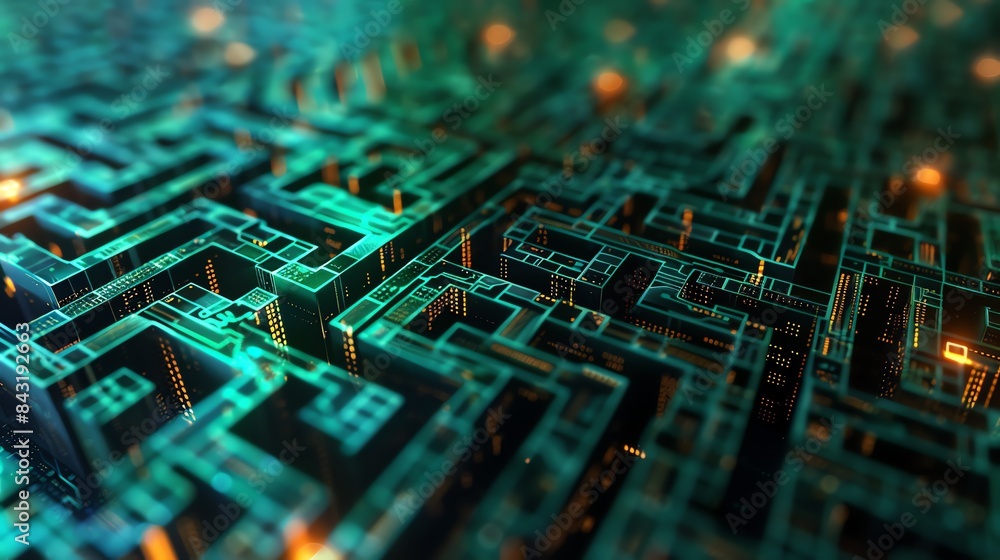 Poster 3d rendering of an abstract technology background. glowing green circuit board with orange highlight