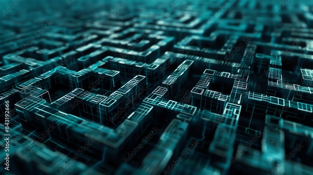 Poster 3d rendering of a maze. the walls of the maze are made of blue glowing lines, and the floor is made 