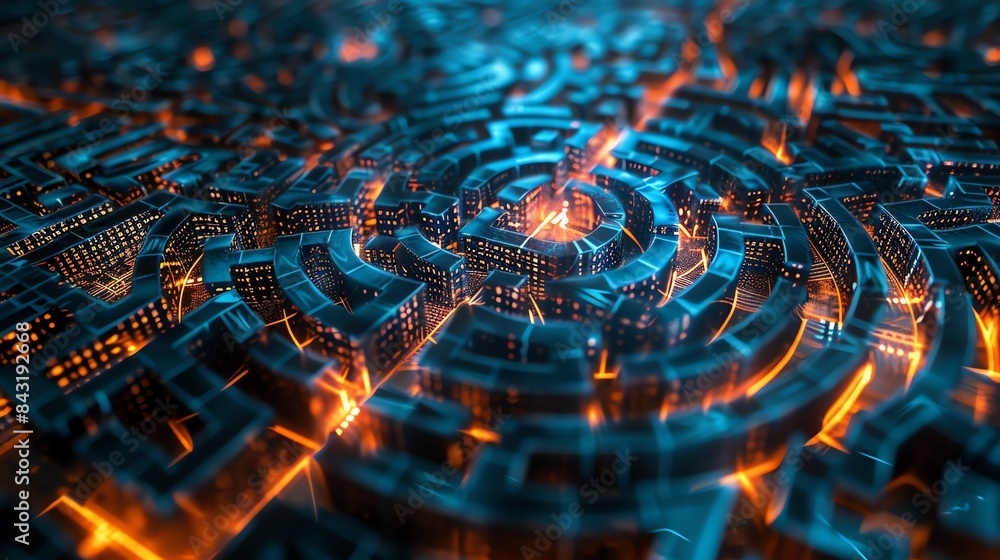 Poster 3d rendering of a maze. the walls of the maze are made of tall buildings, and the path is lit by a w