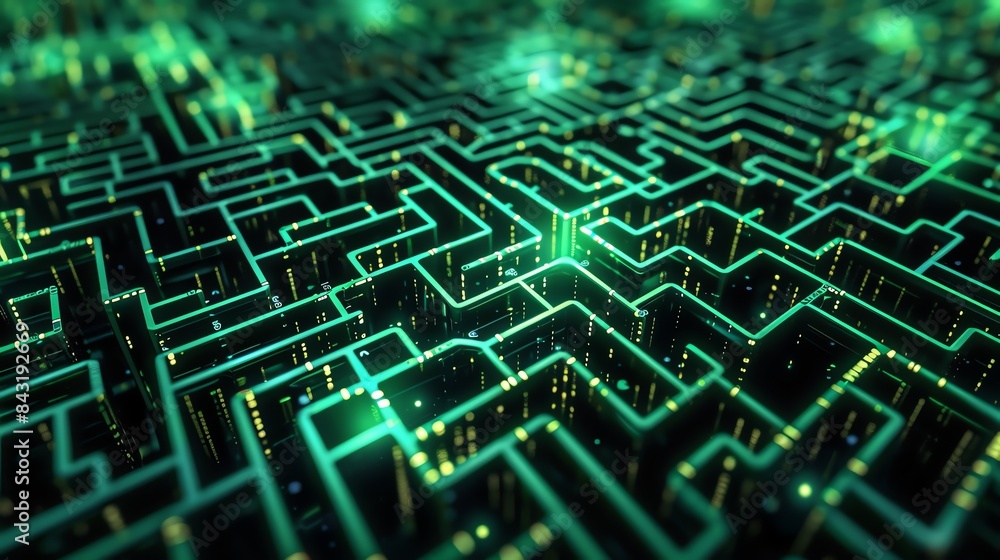 Poster the image is a dark and mysterious maze. the walls are made of a glowing green light, and the floor 