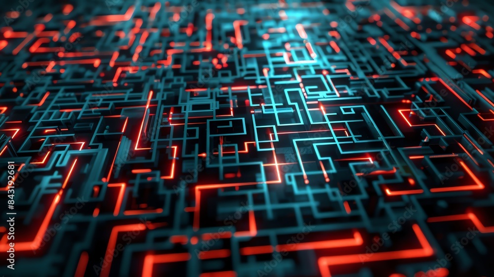 Poster 3d rendering of an abstract technological background with glowing red lines forming a complex circui