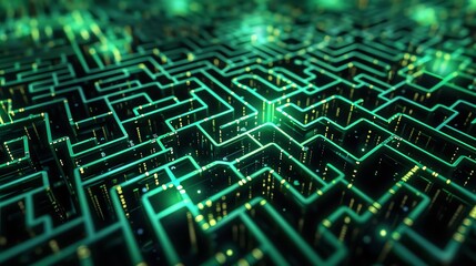 The image is a dark and mysterious maze. The walls are made of a glowing green light, and the floor is made of a dark, reflective material.