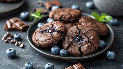 Fototapeta premium Plate with blueberry and chocolate cookies