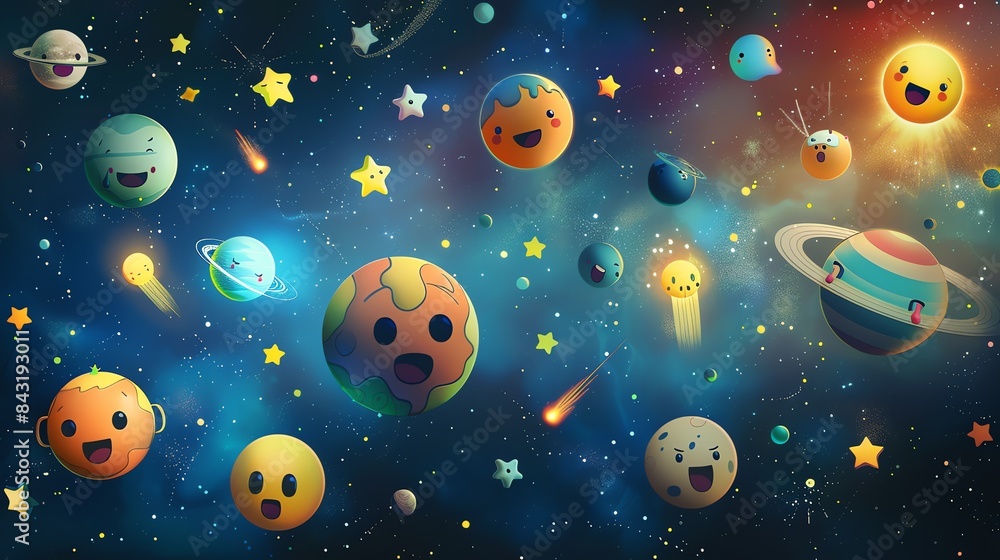 Poster a collection of cute and colorful planets and stars. the planets are all different shapes and sizes,