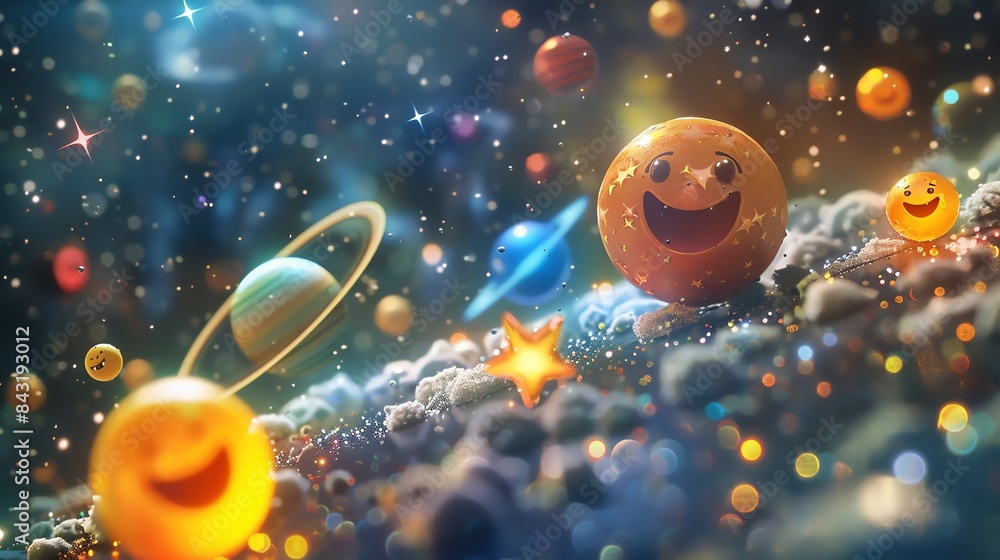 Poster a beautiful 3d rendering of a happy cartoon sun smiling and floating in space. the sun is surrounded