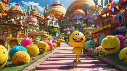 Welcome to the colorful world of Emojis, where everything is made of emojis! Join our cheerful yellow friend on an adventure through this vibrant city