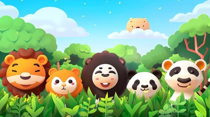 Naklejka premium A group of cute and friendly cartoon animals in a lush green forest setting. The animals include a lion, a squirrel, a panda, and a bear.