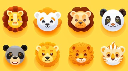 A set of cute animal faces with a friendly expression. The collection includes a lion, a panda, a bear, a tiger, and a few other animals.