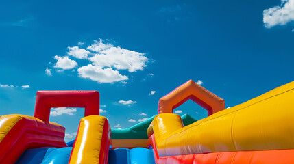 a colorful inflatable bounce house set against a clear blue sky with a few clouds. The bounce house includes vibrant colors like yellow, orange, red, and blue