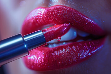 Obraz premium A vibrant lipstick being applied to smiling lips. Concept of beauty and self-expression. Generative Ai.