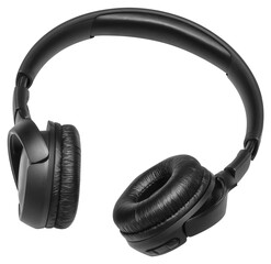 Black headphone isolated on white background. Wireless overhead black headphone. Electronic music...