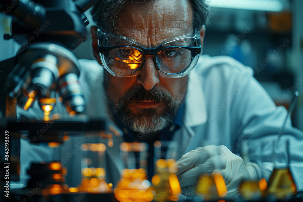 Poster a scientist examining a sample under a microscope. concept of biological research and discovery. gen