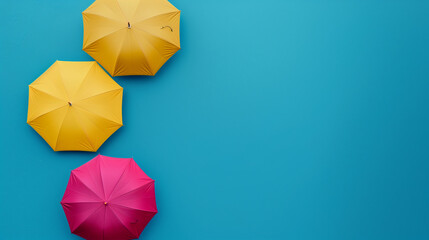 three colorful umbrellas stretched out against a blue background, highlighting their vibrant colors and striking contrast