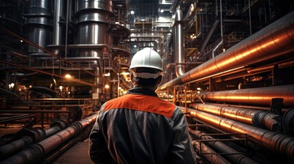 Engineer in helmet and reflective jacket inspecting large industrial factory full of pipes and machinery at night, ensuring safety and efficiency.
