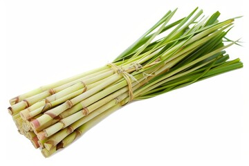 Fototapeta premium A fresh bunch of lemongrass stalks with pale green leaves and a lemony aroma, arranged in a neat bundle Isolated on a solid white background