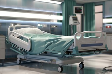 Empty hospital bed in emergency room interior 3D