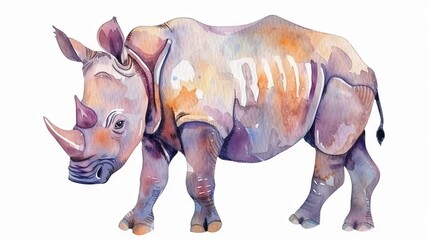 Obraz premium A watercolor painting of a rhinoceros in shades of pink, purple, blue, and orange.