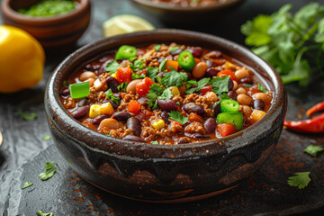 A hearty bowl of chili with beans, meat, and spices. Concept of comfort food and home-cooked meals. Generative Ai.