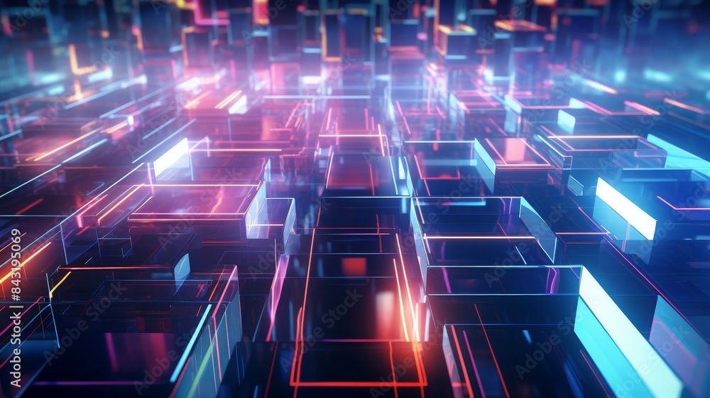 Poster futuristic neon 3d grid pattern with glowing light reflections. perfect for concepts of technology, 