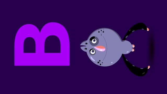 B letter big vertical color like bat cartoon animation. Animal loop. Educational serie with bold style character for children. Good for education movies, presentation, learning alphabet, etc...