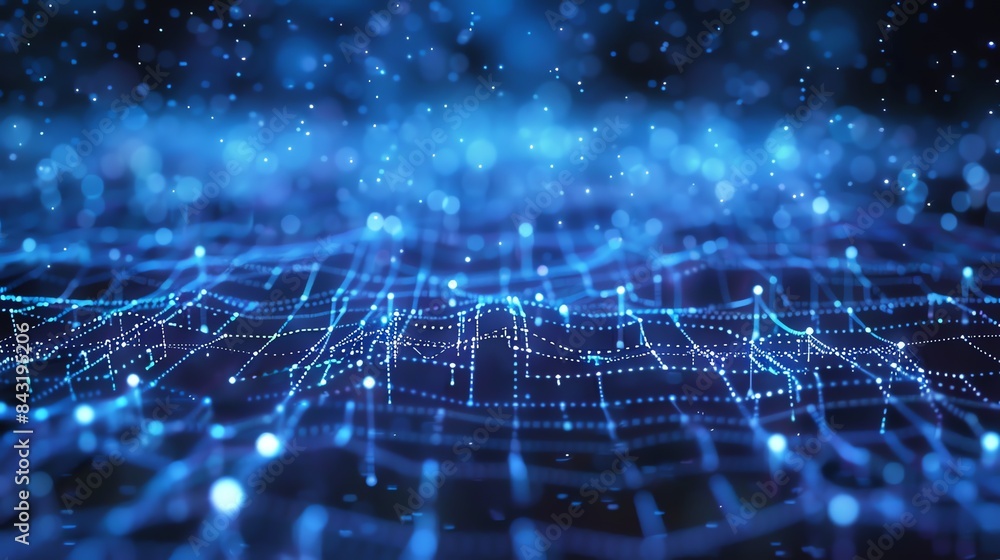 Poster blue glowing dots and lines form an abstract network. the background is dark blue.