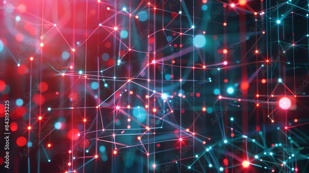 Poster glowing blue and red neural network on black background. artificial intelligence. machine learning c