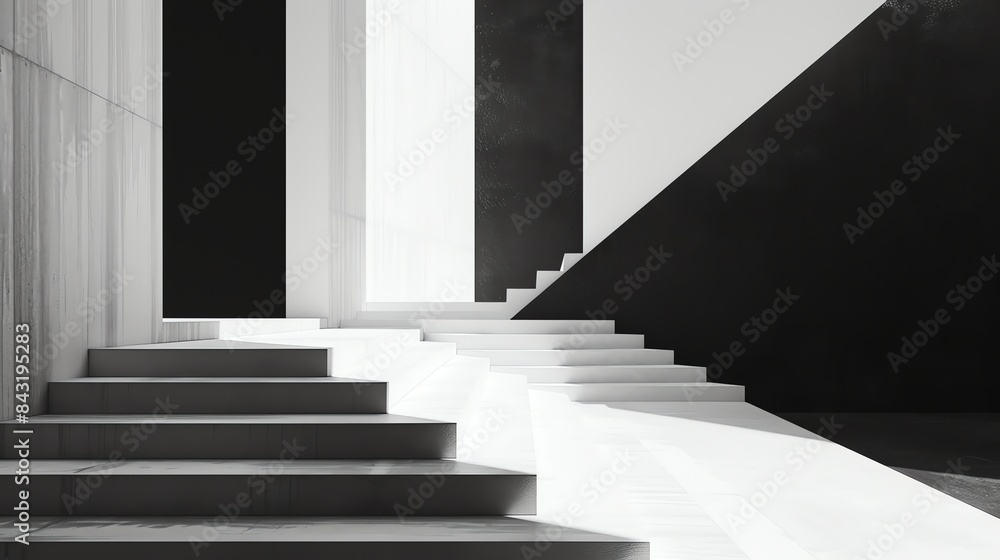 Poster the image is a black and white photo of a modern staircase with a large window in the background.