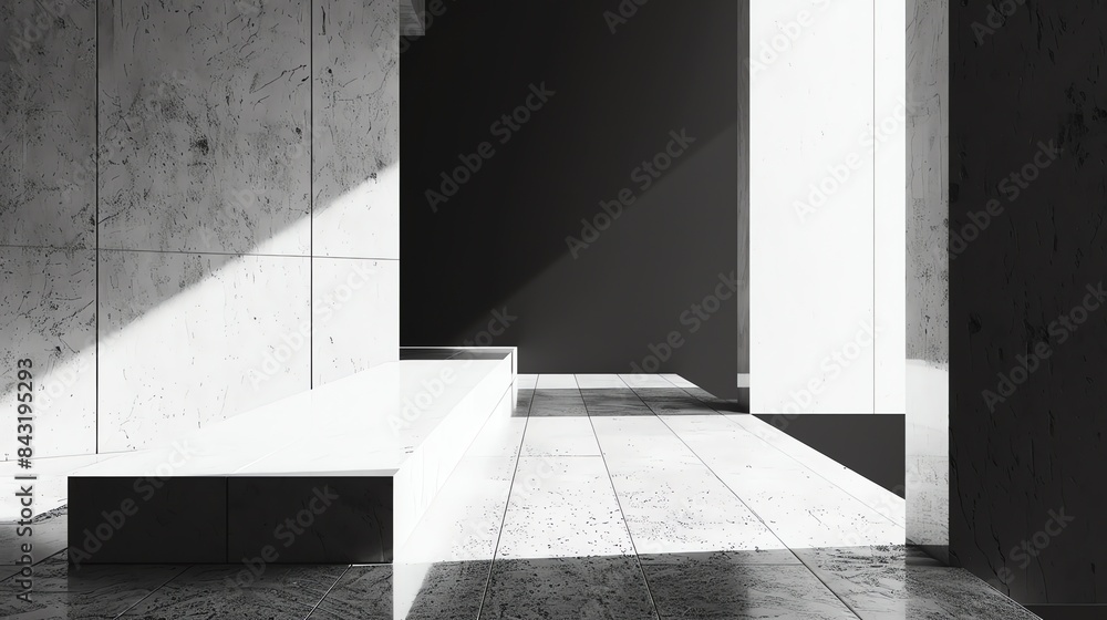 Poster the image is a 3d rendering of a modern, minimalist room. the room is lit by a single light source, 