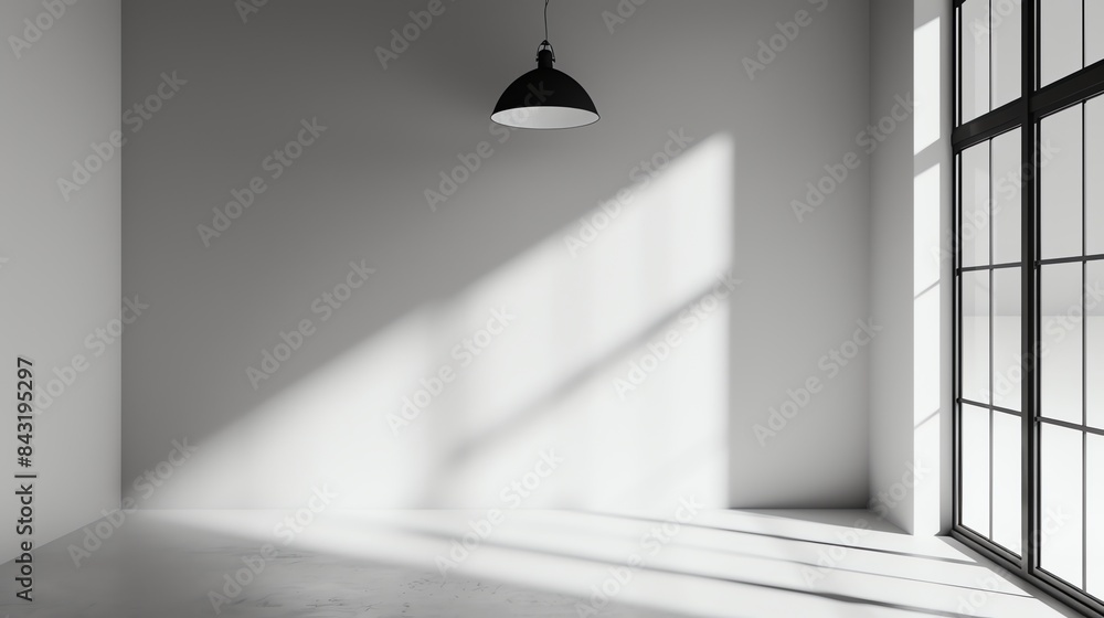 Poster an empty room with a single window and a light bulb hanging from the ceiling.