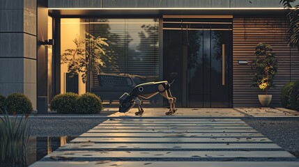 A robotic dog stands on a wooden walkway in front of a modern house. The dog is black and gray with a yellow eye, and it is sniffing the ground.