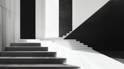 The image is a black and white photo of a modern staircase with a large window in the background.