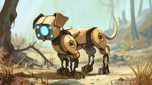 An illustration of a steampunk dog. The dog is made of metal and has a glowing blue eye. It is standing in a junkyard, surrounded by scrap metal.