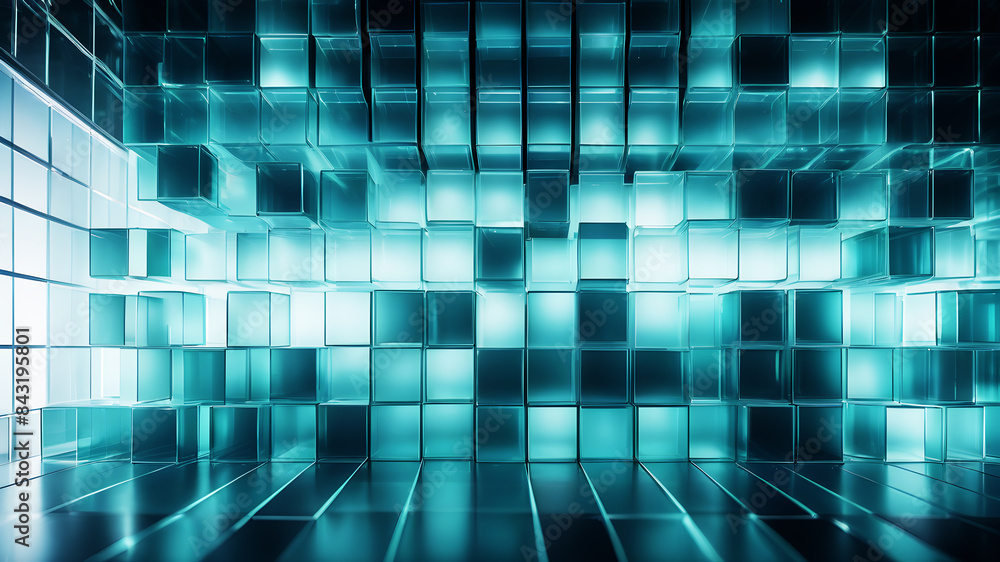 Poster a minimalist abstract background with a grid of evenly spaced, semi-transparent boxes in shades of b