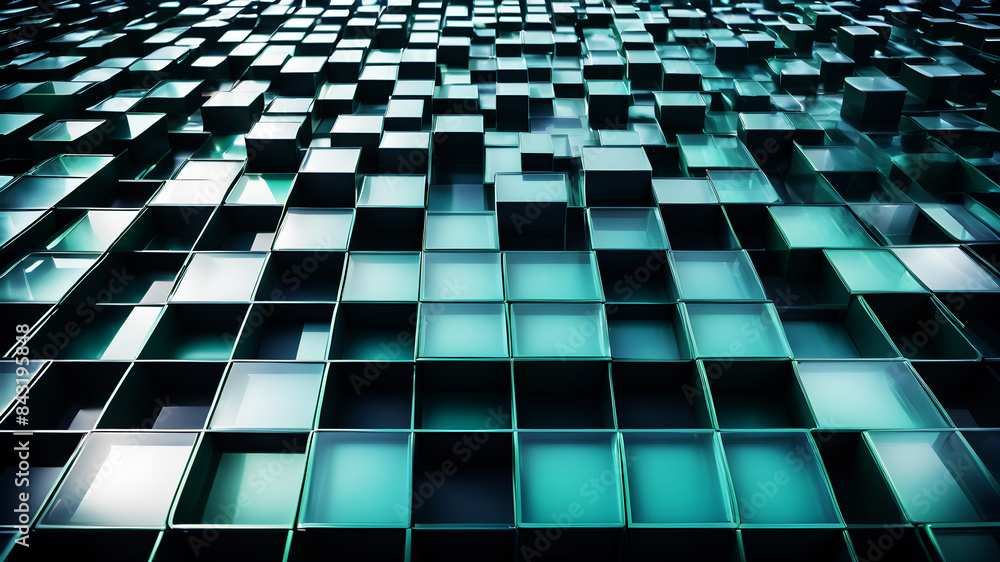 Poster a minimalist abstract background with a grid of evenly spaced, semi-transparent boxes in shades of b