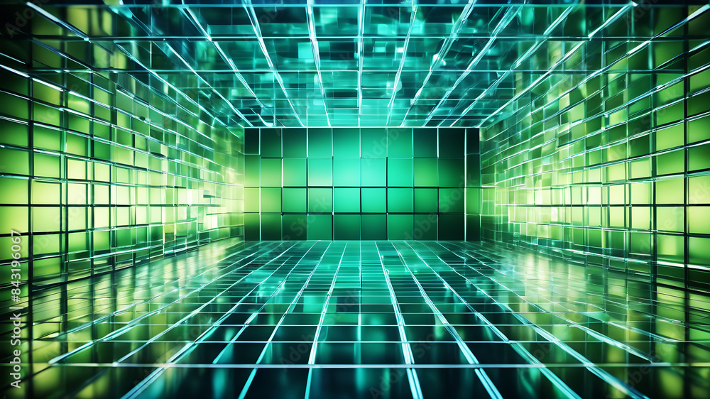 Poster a minimalist abstract background with a grid of evenly spaced, semi-transparent boxes in shades of b